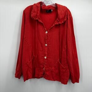 Fenini Jacket Womens Medium Red Orange Linen Button Front‎ Ruffle Collar Pockets